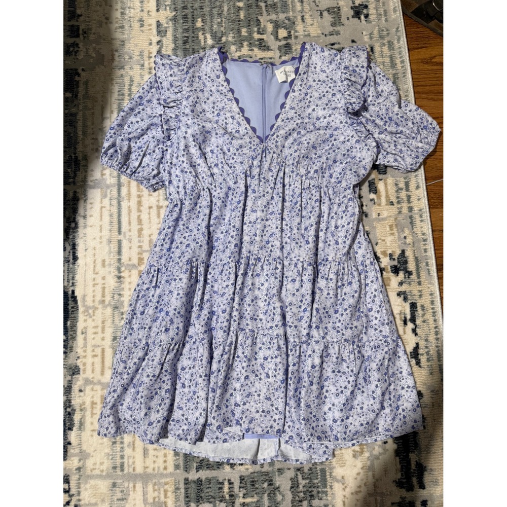 Hyacinth House Blue Floral Ric-Rac Trim Tiered Mini Babydoll Dress Womens XL - Picture 2 of 5